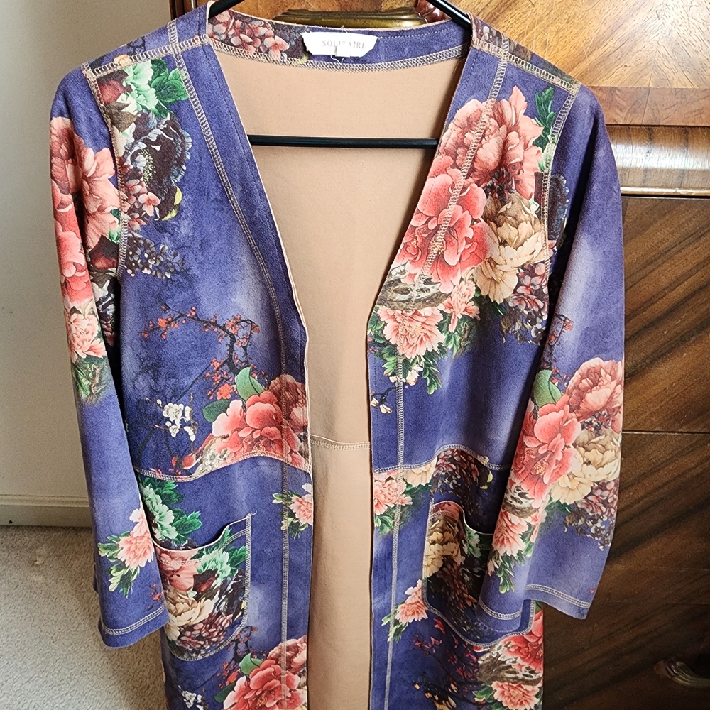 Solitaire Purple Floral Faux Suede Open Cardigan Kimono with Pockets Size S